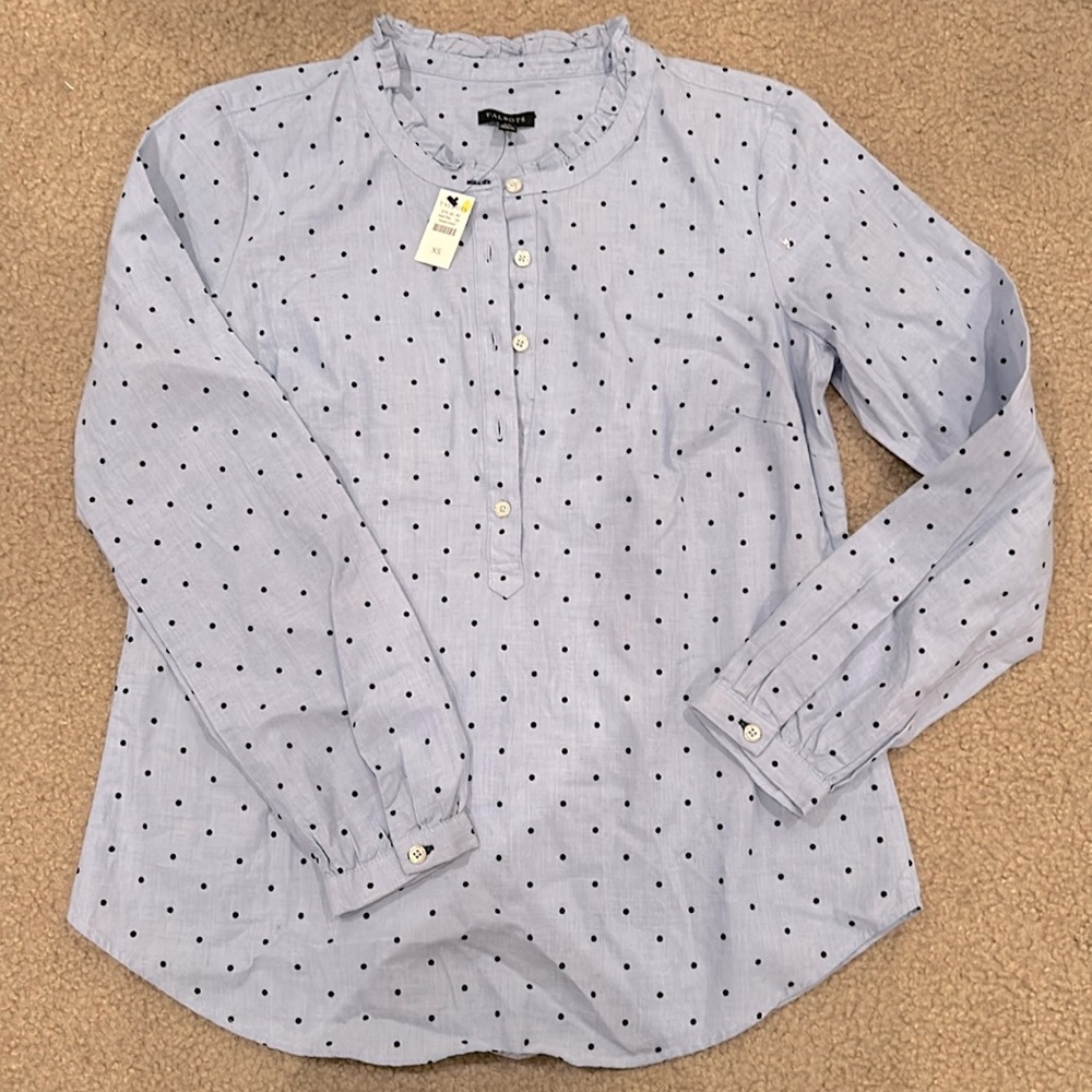NWT Blue Polka Dot Blouse Button Down Size XS